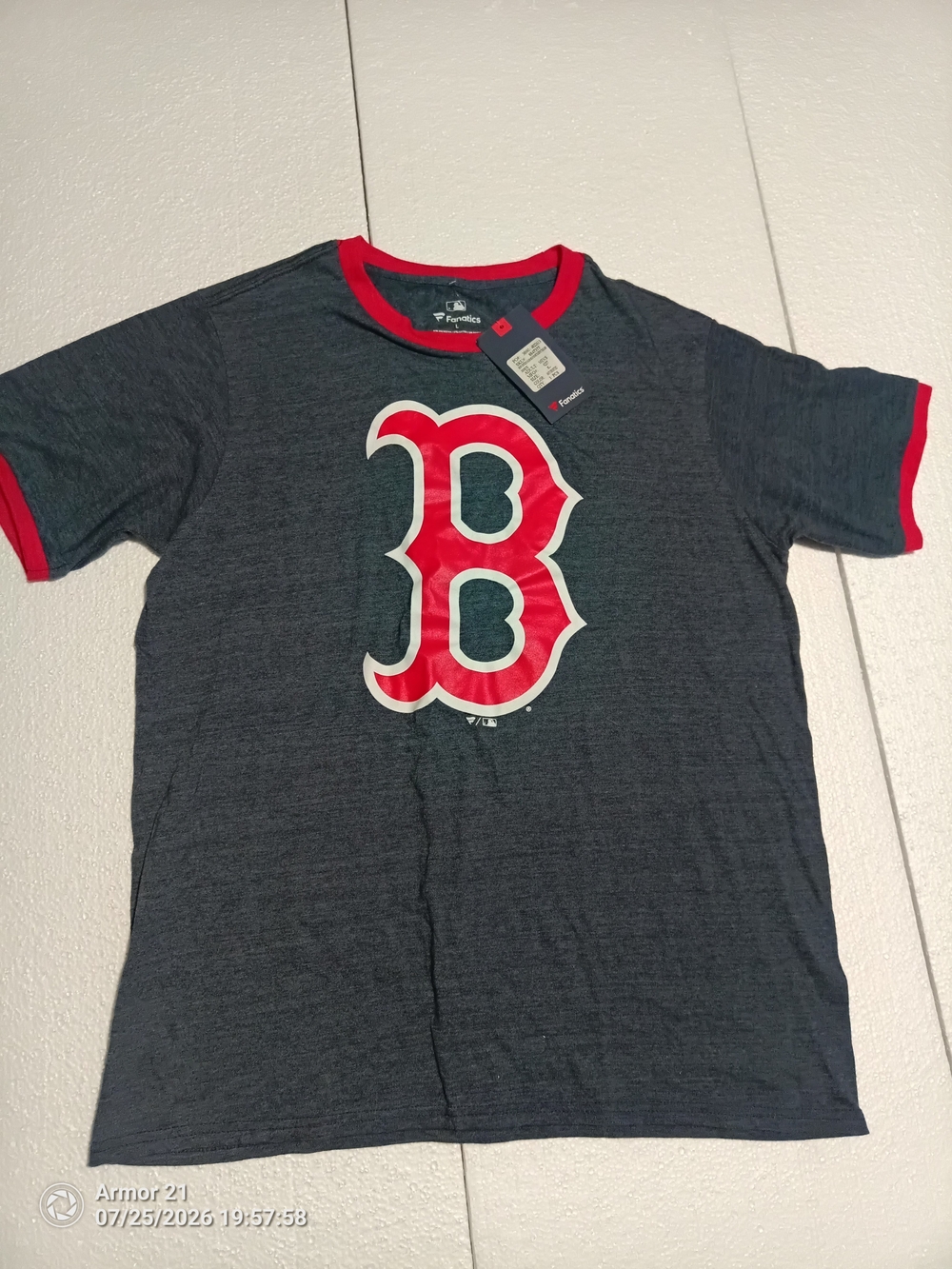 Fanatics Navy Short Sleeve Ringer Tee with Red Boston B